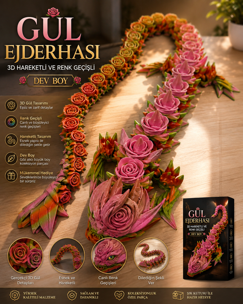 Gül Ejderhası 3D Hareketli ve Renk Geçişli Dev Boy